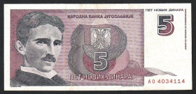 Югославія Югославия ^/--/^ Югославия  (1994) 5 новых динаров.  P-148. Никола Тесла ^_^^^ Югославія (1994) 5 нових динарів. P-148. Нікола Тесла - фото фото фото