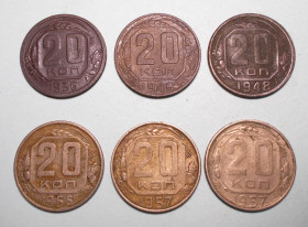 - - ^/--/^ СССР дореформа 20 копеек 1936, 1946, 1948, 1955, 1957  (2 шт) нечищени ^_^^^ СРСР дореформа 20 копійок 1936, 1946, 1948, 1955, 1957 (2 шт) нечищени - фото фото фото