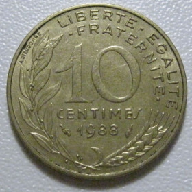 Франція Франция ^/--/^ Франція 10 сантимів 1988 року 1396 ^_^^^ Франция 10 сантимов 1988 года 1396 - фото фото фото