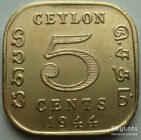 Британські колонії Британские колонии ^/--/^ Цейлон 5 центов 1944 дло/04,3 ^_^^^ Цейлон 5 центів 1944 дло/04,2 - фото фото фото