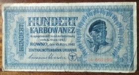 Загальнодержавні випуски Общегосударственные выпуски ^/--/^ Україна 100 карбованців  Рівне , оккупація 1942 ^_^^^ Украина 100 рублей Ровно, оккупация 1942 - фото фото фото