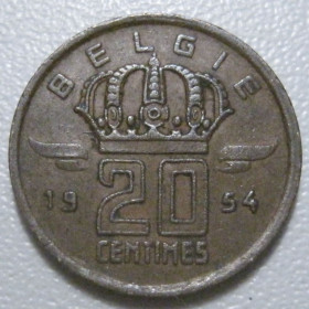 Бельгія Бельгия ^/--/^ Бельгія 20 сантимів 1954 року Belgie 42230 ^_^^^ Бельгия 20 сантимов 1954 года Belgie 42230 - фото фото фото