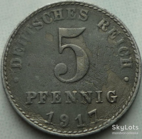 Німецька імперія (-) Германская империя (-) ^/--/^ Германия 5 пфеннигов 1917 A железо ^_^^^ Німеччина 5 пфенігів 1917 A залізо - фото фото фото