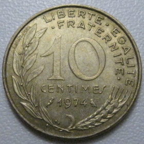 Франція Франция ^/--/^ Франція 10 сантимів 1974 року 42001 ^_^^^ Франция 10 сантимов 1974 года 42001 - фото фото фото