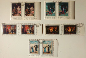 СРСР - СССР - ^/--/^ СССР 1976 Федотов, живопись, сцепки с полями, гашеные ^_^^^ СРСР 1976 Федотов, живопис, зчеплення з полями, гашені - фото фото фото