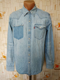 Сорочки Рубашки ^/--/^ Сорочка джинсова рвана з латками блакитна LEVIS р-р М ^_^^^ Сорочка джинсова рвана с латками голубая LEVIS р-р М - фото фото фото