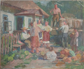 Картини, Гравюри, Живопис та Графіка Картины, Гравюры, Живопись и Графика ^/--/^ Трохименко Карпо, ‘‘На трудодні’’, 1952 р., р-р 40 /--/ х /--/ 49, полотно, олія ^_^^^ Трохименко Карпо, ‘‘На трудодни', 1952 г., р-р 40 /--/ х /--/ 49, полотно, масло - фото фото фото