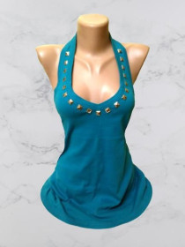 Майки Майки ^/--/^ XL-5 /--/ XL Женская майка Dorothy Perkins, топ с заклепками, открытая спинка, бирюзовая трикотажная блузка, Болгария ^_^^^ Бірюзова майка з бавовни Dorothy Perkins із заклепками, відкрита спинка, універсальний розмір - фото фото фото