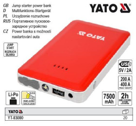 Інші інструменти Другие инструменты ^/--/^ Пусковая батарея YATO Li-Pol 7.5 А/ч 200/400 А USB: 5 /--/ В 2 /--/ А YT-83080 ^_^^^ Пускова батарея YATO Польща Li-Pol 7.5 А/год 200/400 А USB: 5 /--/ В 2 /--/ А YT-83080 - фото фото фото