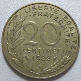 Франція Франция ^/--/^ Франція 20 сантимів 1988 року 43640 ^_^^^ Франция 20 сантимов 1988 года 43640 - фото фото фото