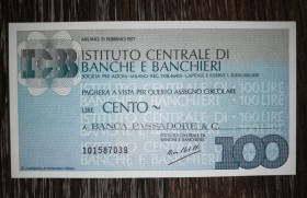 Італія, Ватикан Италия, Ватикан ^/--/^ ITALY Італія 100 лір 15 лютого 1977 Чек UNC Мілан ^_^^^ ITALY Италия 100 лир 15 февраля 1977 Чек UNC Милан - фото фото фото
