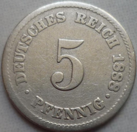 Німецька імперія (-) Германская империя (-) ^/--/^ Германия 5 пфеннигов 1888 A ^_^^^ Німеччина 5 пфенігів 1888 A - фото фото фото