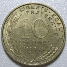 Франція Франция ^/--/^ Франція 10 сантимів 1969 року 43492 ^_^^^ Франция 10 сантимов 1969 года 43492 - фото фото фото