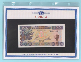 Гвінейська республіка Гвинейская республика ^/--/^ ГВИНЕЯ банкнота 100 Francs UNC из серии «Das Geld Der Welt» ГВІНЕЯ + сертификат + альбомный лист ^_^^^ Гвинея банкнота 100 Francs UNC из серии «Das Geld Der Welt» Гвинея + сертификат + альбомное письмо - фото фото фото