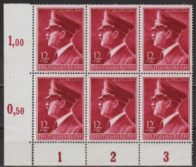 Третій Рейх (-) Третий Рейх (-) ^/--/^ 1942 - Рейх - 53 роки Гітлера Mi.813 - Шестиблок ** ^_^^^ 1942 — Рейх — 53 года Гитлера Mi.813 — Шестиблок ** - фото фото фото