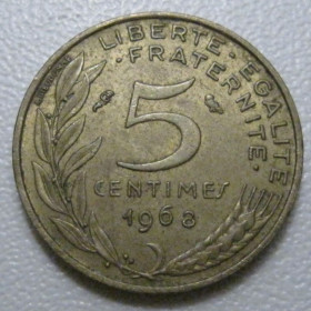 Франція Франция ^/--/^ Франція 5 сантимів 1968 року 41939 ^_^^^ Франция 5 сантимов 1968 года 41939 - фото фото фото