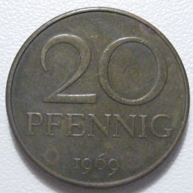 НДР, ФРН ГДР, ФРГ ^/--/^ Німеччина - НДР 20 пфенігів 1969 року 43386 ^_^^^ Германия - ГДР 20 пфеннигов 1969 года 43386 - фото фото фото