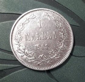 Монети епохи Миколи II ( -) Монеты эпохи Николая II ( -) ^/--/^ 1  марка 1908 - рідкісна      (Біткін - R). Срібло 868 проби. Фінляндія у складі РІ ^_^^^ 1 марка 1908 — редкая (Биткин — R). Серебро 868 пробы. Финляндия в составе РИ - фото фото фото