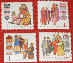 СРСР - СССР - ^/--/^ СССР 1963 национальные костюмы СК 2747-2750 6-й выпуск MNH ^_^^^ СРСР 1963 національні костюми СК 2747-2750 6-й випуск MNH - фото фото фото