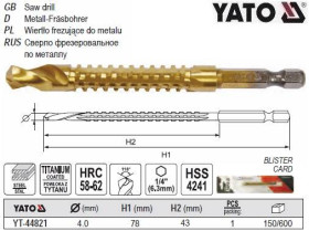 Інші інструменти Другие инструменты ^/--/^ Сверло фрезерное YATO HSS-TIN 4 мм l /--/ 78 мм HEX - 1/4 YT-44821 ^_^^^ Сверло фрезерне YATO HSS-TIN 4 мм l /--/ 78 мм HEX - 1/4&amp;quot; YT-44821 - фото фото фото