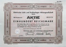 Акції, облігації, лотереї Акции, облигации, лотереи ^/--/^ Акція на 100 RM Elektrische Licht- und Kraftanlagen AG Berlin 1943 Німеччина Mt 22 ^_^^^ Акция на 100 RM Elektrische Licht- und Kraftanlagen AG Berlin 1943 Германия Mt 22 - фото фото фото