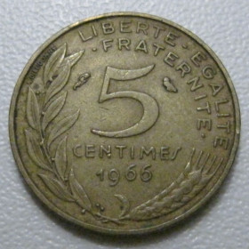 Франція Франция ^/--/^ Франція 5 сантимів 1966 року 41936 ^_^^^ Франция 5 сантимов 1966 года 41936 - фото фото фото