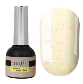 Лаки Лаки ^/--/^ Lukum Yogyrt Rubber base № 01    (холодний молочний з рожевими і жовтими вкрапленнями), 10 мл ^_^^^ Lukum Yogyrt Rubber base No 002 (холодный молочный с розовыми и желтыми вкраплениями), 10 мл - фото фото фото
