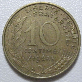 Франція Франция ^/--/^ Франція 10 сантимів 1968 року 43485 ^_^^^ Франция 10 сантимов 1968 года 43485 - фото фото фото
