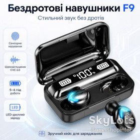 Навушники Наушники ^/--/^ Наушники беспроводные F /--/ 9 с Bluetooth и зарядным кейсом, Черные / Наушники вакуумные с дисплеем ^_^^^ Навушники бездротові F /--/ 9 з Bluetooth і зарядним кейсом, Чорні / Навушники вакуумні з дисплеєм - фото фото фото
