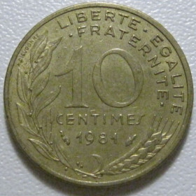 Франція Франция ^/--/^ Франція 10 сантимів 1981 року 1370 ^_^^^ Франция 10 сантимов 1981 года 1370 - фото фото фото