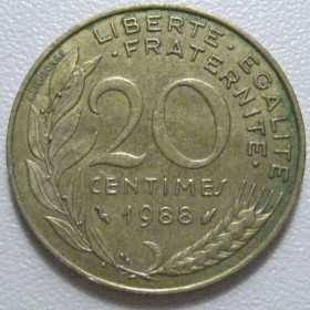 Франція Франция ^/--/^ Франція 20 сантимів 1988 року 43639 ^_^^^ Франция 20 сантимов 1988 года 43639 - фото фото фото