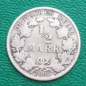 Німецька імперія (-) Германская империя (-) ^/--/^ Германия ½ марки, 1905 г,  &amp;quot;J&amp;quot; - Гамбург, серебро ^_^^^ Німеччина 1⁄2 марки, 1905 р, &amp;quot;J&amp;quot; - Гамбург, срібло - фото фото фото