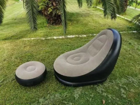 Надувна меблі Надувная мебель ^/--/^ Надувний диван з пуфом Air Sofa / Надувне велюрове крісло з пуфом+насос Бежевий ^_^^^ Надувной диван с пуфом Air Sofa / Надувное велюровое кресло с пуфом+насос Бежевый - фото фото фото