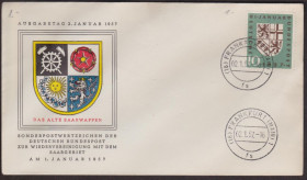 Європа Европа ^/--/^ Германия 1957 ГЕРАЛЬДИКА ГЕРБ ЗЕМЛЯ SAARLANDES СИМВОЛИКА ЭТНОГРАФИЯ КУЛЬТУРА ИСТОРИЯ КПД Mi.249 ^_^^^ Німеччина 1957 Геральдіка Герб Земля Сарландез символіка етнографія культури історія ККД Mi.249 - фото фото фото