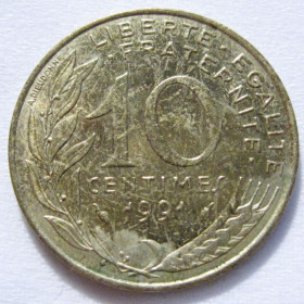Франція Франция ^/--/^ Франція 10 сантимів 1991 року #6 /--/ П /--/ 1362 ^_^^^ Франция 10 сантимов 1991 года #6 /--/ П /--/ 1362 - фото фото фото
