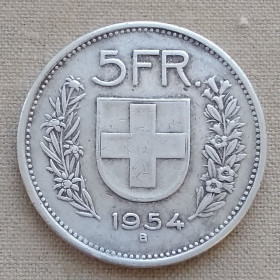 Швейцарія Швейцария ^/--/^ Швейцария 5 франков, 1954 г, серебро ^_^^^ Швейцарія 5 франків, 1954 р, срібло - фото фото фото