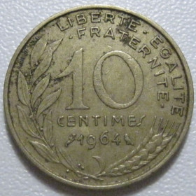 Франція Франция ^/--/^ Франція 10 сантимів 1964 року 43482 ^_^^^ Франция 10 сантимов 1964 года 43482 - фото фото фото