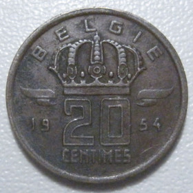 Бельгія Бельгия ^/--/^ Бельгія 20 сантимів 1954 року Belgie 42229 ^_^^^ Бельгия 20 сантимов 1954 года Belgie 42229 - фото фото фото