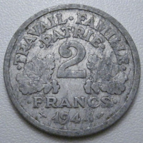 Франція Франция ^/--/^ Франція 2 франка 1944 року B 42116 ^_^^^ Франция 2 франка 1944 года B 42116 - фото фото фото