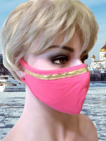 Аксесуари Аксессуары ^/--/^ Розовая трикотажная маска с блестящей золотой полоской, двухслойная эластичная многоразовая ^_^^^ Рожева трикотажна маска з блискучою золотою смужкою, двошарова еластична багаторазова - фото фото фото