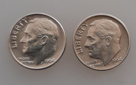 Обігові Обиходные ^/--/^ 2 шт х 10 цент. - 1964 D США / серебро 900 пр. - две монеты одним лотом ^_^^^ 2 шт х 10 цент. 1964 — срібло 900 пр. — дві монети одним лотом - фото фото фото