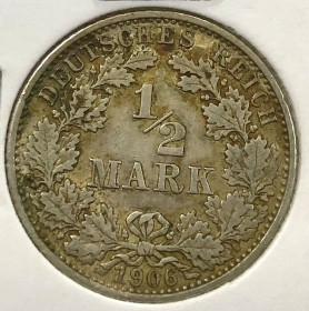 Німецька імперія (-) Германская империя (-) ^/--/^ Германія. 1/2 марки 1906 р, ^_^^^ Германия. 1/2 марки 1906 г. - фото фото фото