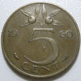 Нідерланди Нидерланды ^/--/^ Нідерланди 5 центів 1960 року 41162 ^_^^^ Нидерланды 5 центов 1960 года 41162 - фото фото фото