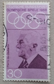 Спорт Спорт ^/--/^ Германия 1968 г - Пьер де Кубертен  (1863-1937), основатель Олимпийских игр, гаш ^_^^^ Німеччина 1968 П'єр де Кубертен (1863-1937), засновник Олімпійських ігор, гаш - фото фото фото