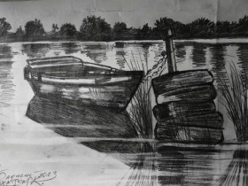 Картини, Гравюри, Живопис та Графіка Картины, Гравюры, Живопись и Графика ^/--/^ Лодка на Бугу в Вознесенске графика 20*15 см. ^_^^^ Човен на Бугу у Вознесенську графіка 20*15 см. - фото фото фото