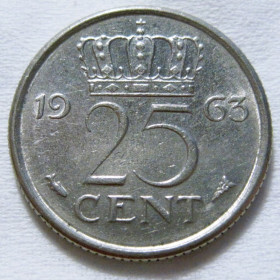 Нідерланди Нидерланды ^/--/^ Нідерланди 25 центів 1963 року #6 /--/ П /--/ 1108 ^_^^^ Нидерланды 25 центов 1963 года #6 /--/ П /--/ 1108 - фото фото фото