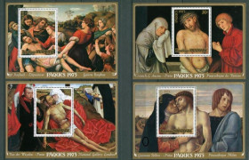 Мистецтво Искусство ^/--/^ Руанда Rwanda PAQUES RAPHAEL CRANAC Weyden BELLINI Bi 47-50  на блоке 100 фр небольшой поломчик MNH ^_^^^ Руанда Rwanda PAQUES RAPHAEL CRANAC Weyden BELLINI Bi 47-50 на блоці 100 фр невеликий поломчик MNH - фото фото фото