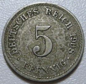 Німецька імперія (-) Германская империя (-) ^/--/^ Германия 5 пфеннигов 1908 года A #2670 ^_^^^ Німеччина 5 пфенігів 1908 року A #2670 - фото фото фото
