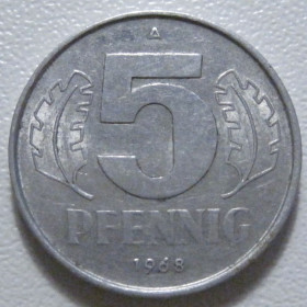 НДР, ФРН ГДР, ФРГ ^/--/^ Німеччина - НДР 5 пфенігів 1968 року 43339 ^_^^^ Германия - ГДР 5 пфеннигов 1968 года 43339 - фото фото фото