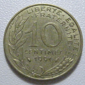 Франція Франция ^/--/^ Франція 10 сантимів 1991 року 43542 ^_^^^ Франция 10 сантимов 1991 года 43542 - фото фото фото